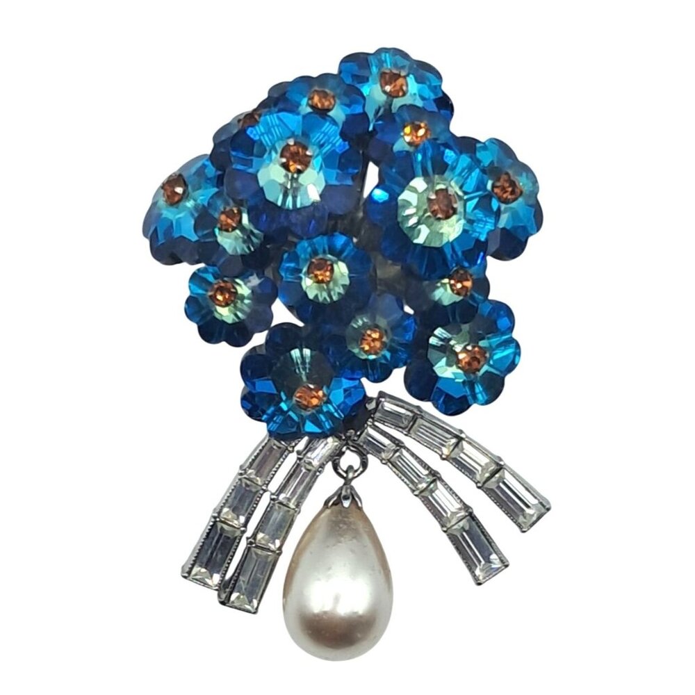 Vintage Austria Rhinestone Brooch Margarita Blue Green Faux Pearl Drop Clear Art